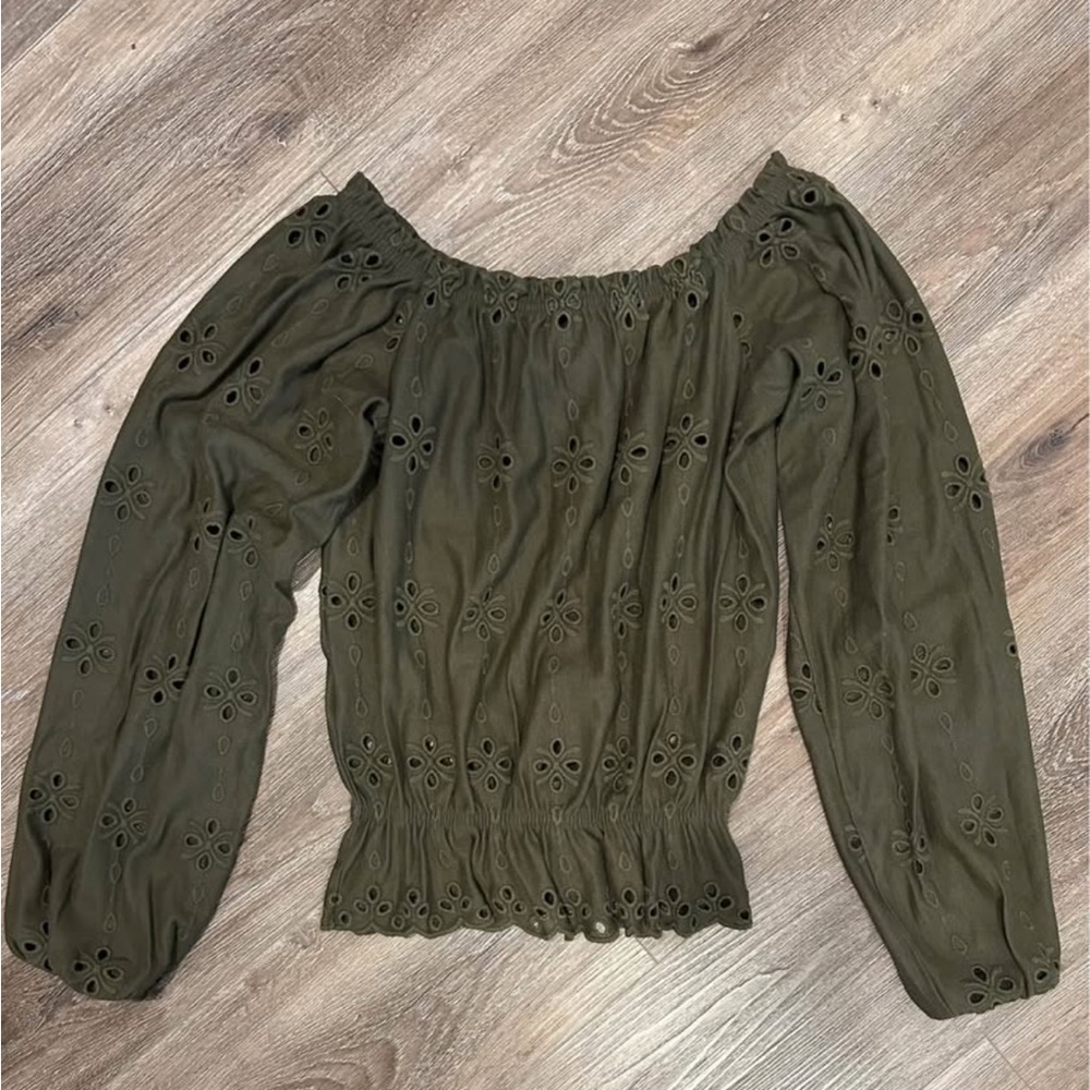 H&M Olive Off-Shoulder Eyelet Blouse